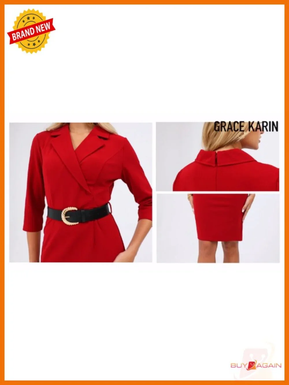 Women's Bodycon Business Work Dress 3/4 Sleeve Lapel Midi
